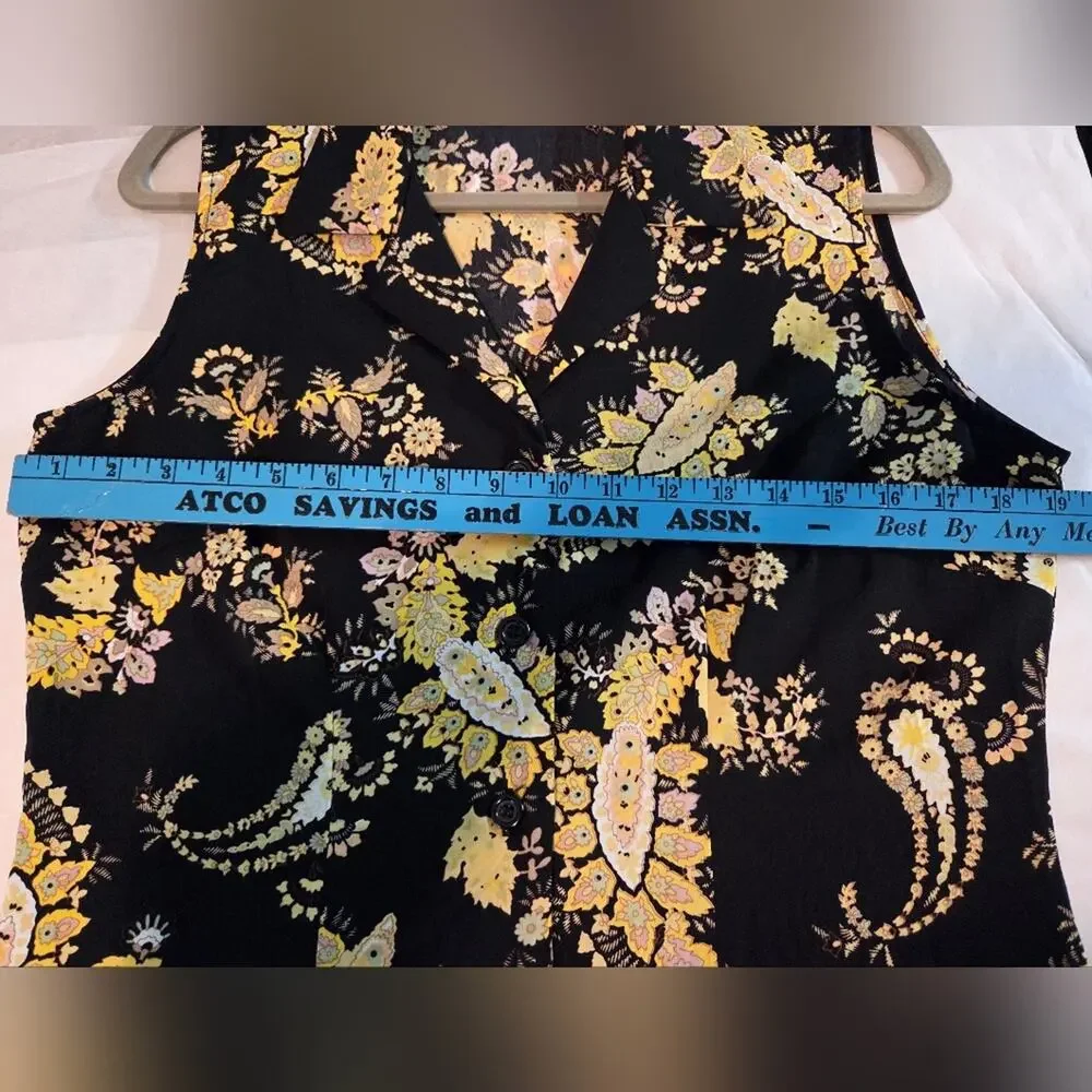 Studio I Petite 12P Black Yellow Paisley Sleeveless Button Front Midi Dress